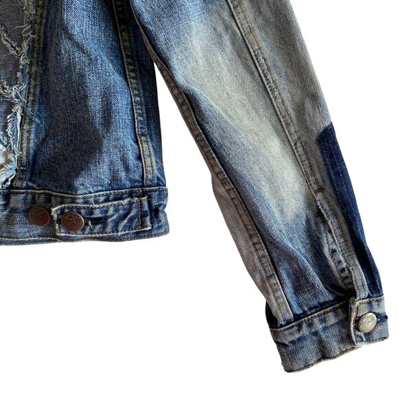 Free People : Brass-tone Studded Patchwork Distressed Boho Denim Jacket : XS - Picture 14 of 16